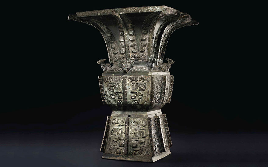 A magnificent and highly important bronze ritual wine vessel, fangzun, late Shang dynasty, Anyang, 13th-11th century BC, 20⅝ in (52.4 cm) high. Sold for $37,207,500 on 15 March 2017 at