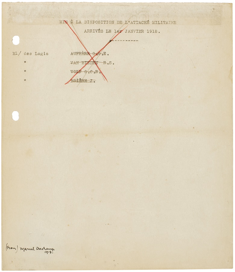 Marcel Duchamp (1887-1968), French Military Paper, executed in New York, 1918. 9⅞ x 8  in (25 x 21.7  cm)