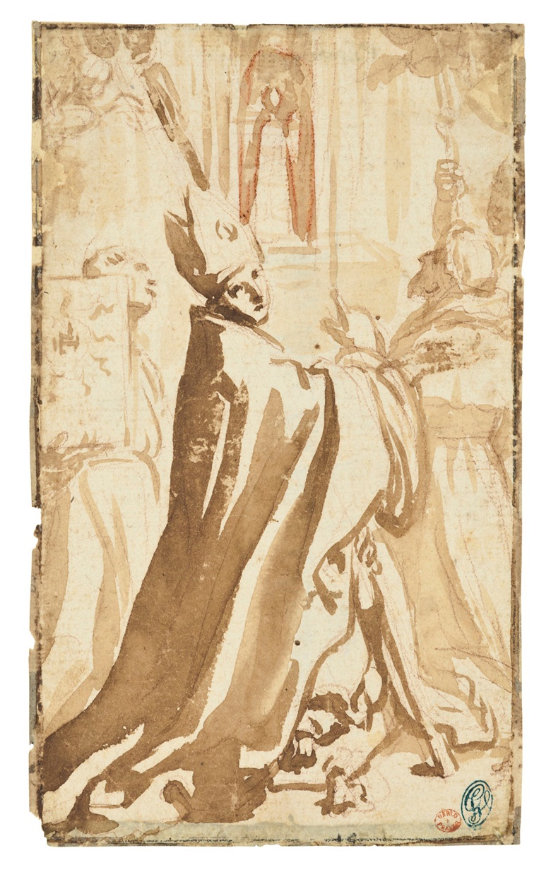 Elisabetta Sirani (Bologna 1638-1665), Study for the Madonna di Loreto with Saints Thomas of Villanova, Bernardino of Siena, Lawrence, Francis and Pellegrino. 6½ x 3¾  in (16.5 x 9.7 cm). Estimate $3,000-4,000. This lot is offered in Old Master & British Drawings on 30 January 2018  at Christie’s in New York