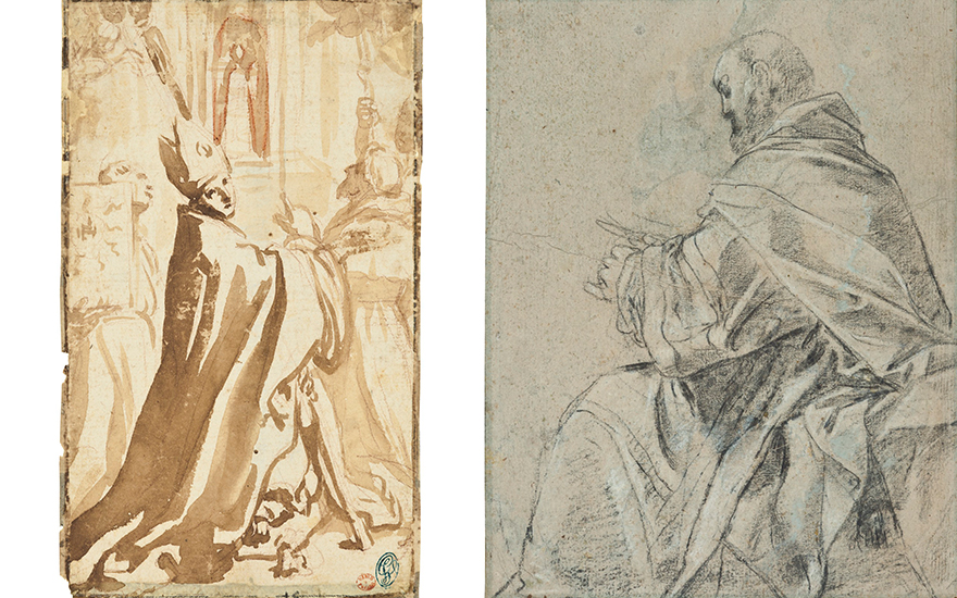 Left Elisabetta Sirani (Bologna 1638-1665), Study for the Madonna di Loreto with Saints Thomas of Villanova, Bernardino da Siena, Lawrence, Francis and Pellegrino. Right Giacomo Cavedone (1577-1660),
