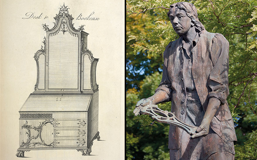Left detail of The Gentleman and Cabinet-Maker’s Director (photo credit Alamy). Right a statue of Thomas Chippendale erected in his home town, Otley in Yorkshire