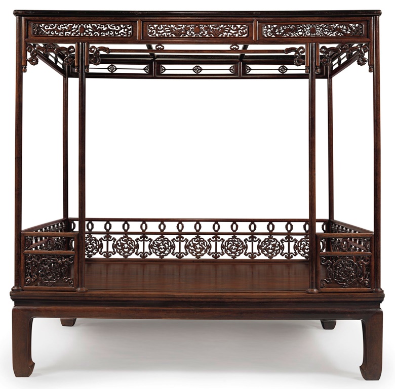 A very rare Huanghuali six-poster canopy bed, Jiazichuang, 17th-18th century. 87  in (221  cm) high, 89  in (226  cm) wide, 62  in (157.5  cm) deep. Sold for $1,932,500 on 22-23 March 2018 at Christie’s in New York