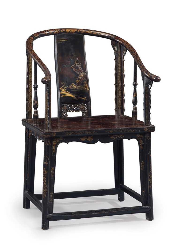 A very rare lacquered softwood horseshoe-back armchair, Quanyi, Second half 17th century. 40?  in (102.8  cm) high, 20?  in (52.1  cm) wide, 26?  in (67.3  cm) deep. Sold for $137,500 on 22-23 March 2018 at Christie’s in New York