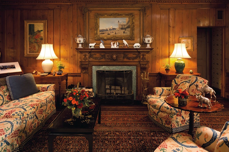 Peggy and David Rockefeller’s Hudson Pines home, with Corot’s Venise, vue du Quai des Esclavons  hung above the fireplace