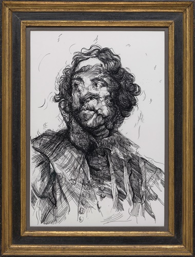 格伦·布朗，《16号画作》（灵感源于凡·戴克画作），采用黑墨丙烯颜料于画板绘图薄膜上创作并裱框，21 x 14¾ 吋（53.3 x 37.5公分），2017年， © Glenn Brown. Courtesy of the artist and Gagosian. Photo Mike Bruce