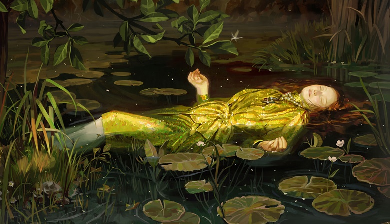 Gucci 2018春夏广告，灵感源自约翰·艾佛力特·米莱斯名作《奥菲莉亚》。 Artwork by Ignasi Monreal