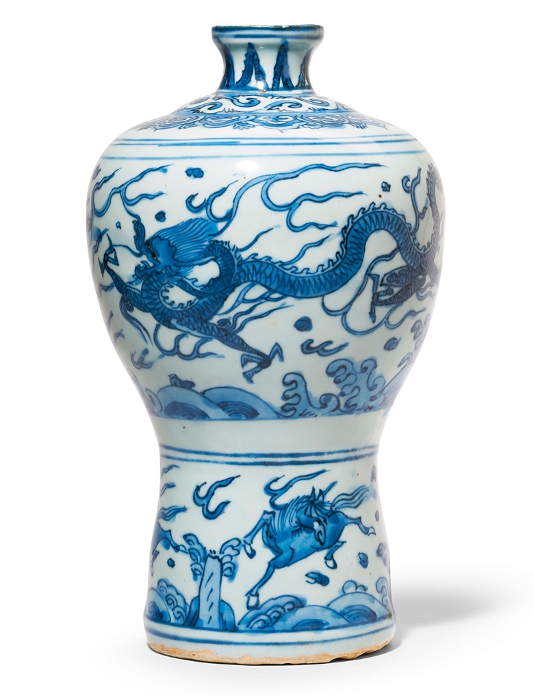 A blue-and-white ‘Dragon’ vase, Meiping  Wanli Period (1573-1619). 10¼ in (26 cm) high, wood stand. This lot was offered in Pavilion Online Chinese Art, 4-12 April 2018, and sold for HKD 87,500