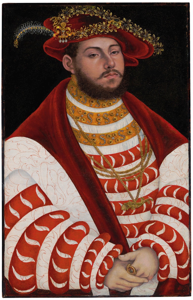 Lucas Cranach I (Kronach 1472-1553 Weimar), Portrait of John Frederick I, Elector of Saxony (1503-1554), half-length. Oil on panel, unframed. 24¾ x 15⅝ in (62.8 x 39.7 cm). Estimate $1,000,000-2,000,000. This work is offered in the Old Masters sale on 19 April at Christie’s in New York