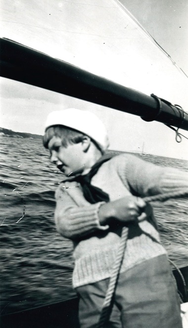 David learning to sail on the Jack Tar in Maine. Photo courtesy of the Rockefeller Archive Center