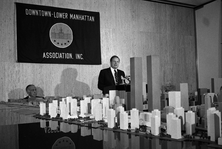 David Rockefeller speaks at a news conference about the the rebuilding of the one-mile-square area from Canal Street to Battery Park, at One Chase Plaza in New York, June 8, 1973. Photo Jack Manning  The New York Times  Redux  eyevine