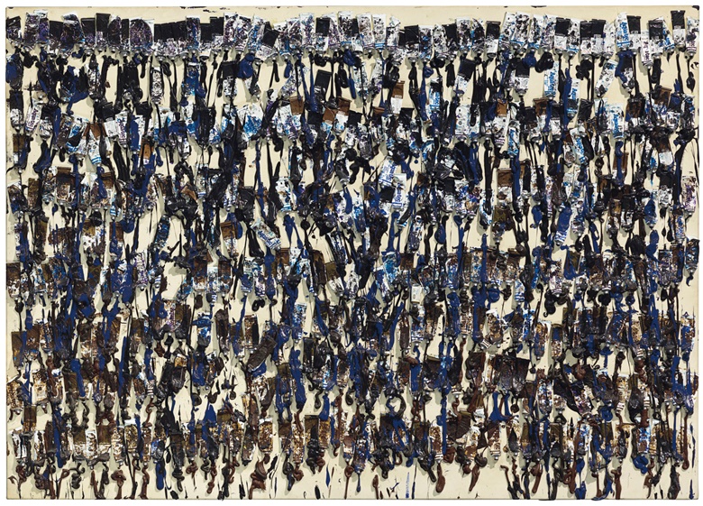 Arman (1928-2005), Untitled, executed in 1989. Paint tubes and acrylic on canvas laid down on panel. 60 x 84 in (152.4 x 213.4 cm). Estimate $40,000-60,000. This work is offered in The Comedians online auction, 5-10 April