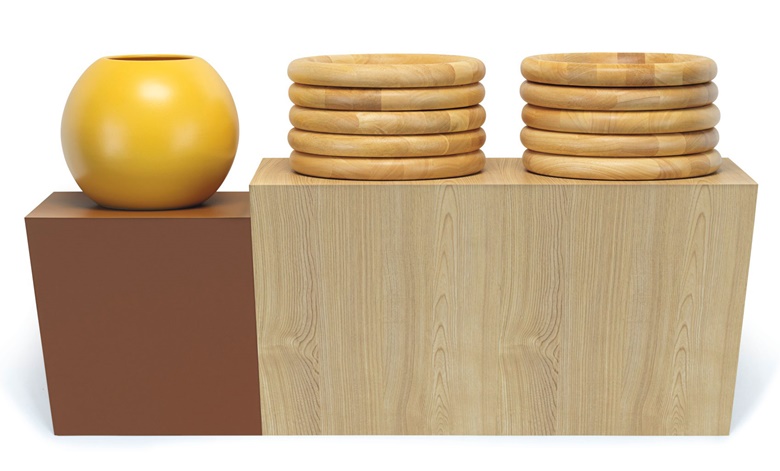 Haim Steinbach (b. 1944), together naturally (tri-part Scandinavian ash) V2, executed in 1986. Plastic laminated wood shelf, ceramic vase, 10 wood trays. 24 x 42⅛ x 14½ in (61 x 107 x 36.8 cm). Estimate $25,000-35,000. This work is offered in The Comedians online auction, 5-10 April