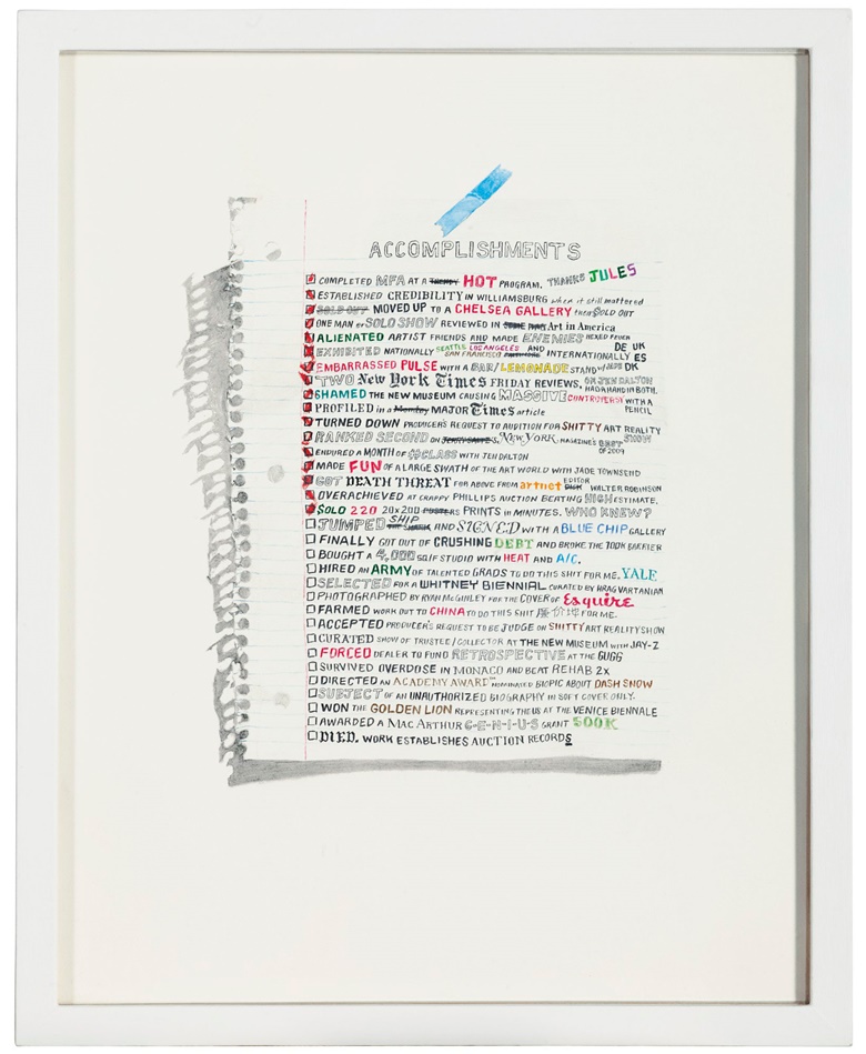 William Powhida (b. 1976), Accomplishments, executed in 2010. Graphite, colour pencil and watercolour on paper. 19 x 15 in (48.3 x 38.1 cm). Estimate $2,000-3,000. This work is offered in The Comedians online auction, 5-10 April