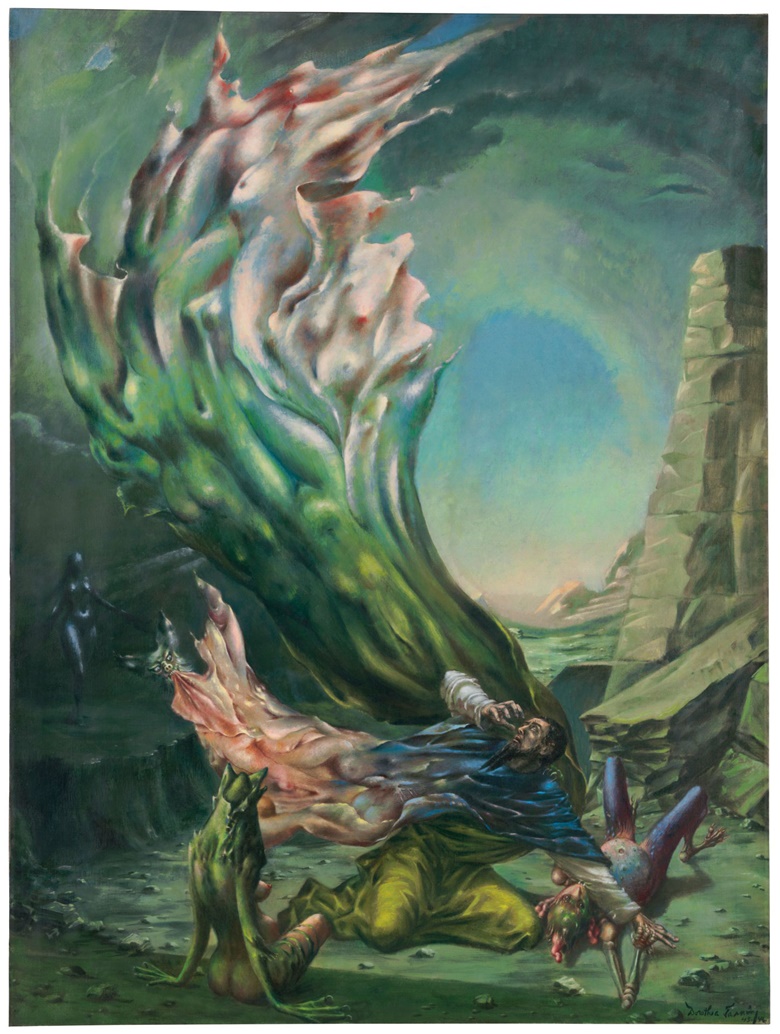 Dorothea Tanning (1910-2012), The Temptation of St. Anthony, painted in 1945-1946. Oil on canvas in the artists painted frame. 47⅞ x 35⅞ in (121.4 x 91.2 cm). Estimate $400,000-600,000. This work is offered in the Impressionist and Modern Art Day Sale on 16 May at Christie’s in New York