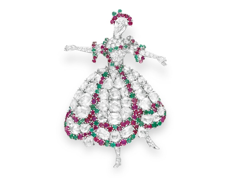 A diamond, ruby and emerald Ballerina brooch, by Van Cleef & Arpels. Sold for $422,500 on 21 October 2009 at Christie’s in New York