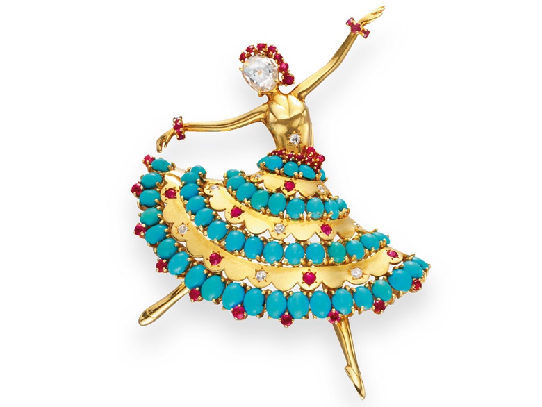 A gold, turquoise, diamond and ruby Ballerina brooch, by Van Cleef & Arpels. Sold for $80,500 on 22 April 2010 at Christie’s in New York