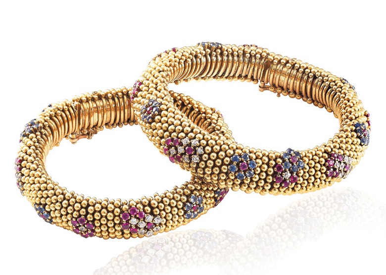 Pair of retro sapphire, ruby and diamond ‘Bagatelle’ bracelets, Van Cleef & Arpels, circa 1950. Estimate CHF 20,000-30,000. This lot is offered in Magnificent Jewels on 16 May at Christie’s in Geneva