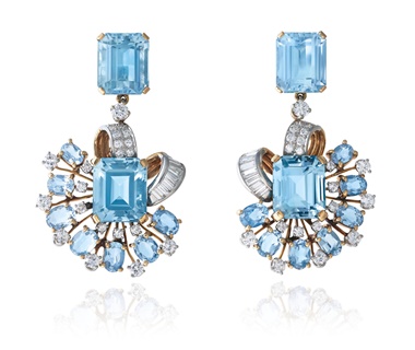 Retro aquamarine and diamond brooch and earrings, Trabert & Hoeffer-Mauboussin. Estimate CHF 15,000-20,000. Offered in Magnificent Jewels on 16 May at Christie’s in Geneva