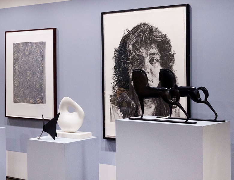 ‘The works we have selected may not be obviously related. But when you group them together, relationships develop,’ says Lee Mindel. Included in this vignette are Jasper Johns (b. 1930), Within, executed in 2007. This work is from the edition of 61 (there were also 12 artist’s proofs). Estimate $12,000-18,000. Offered in The Collection of Peggy and David Rockefeller Fine Art, Day