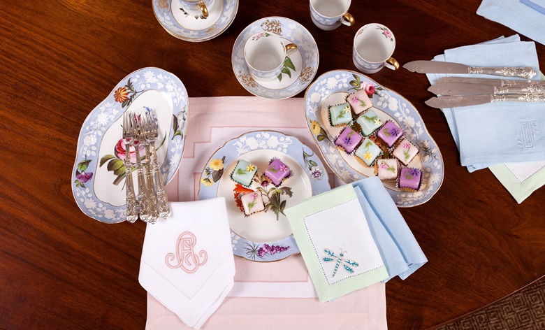 ‘The traditional monograms for which Leontine Linens is known, or our pale-pink linens, could have been used by the Rockefellers. It must have been lots of fun to host parties in their homes and share all the beauty that they collected with friends and family’