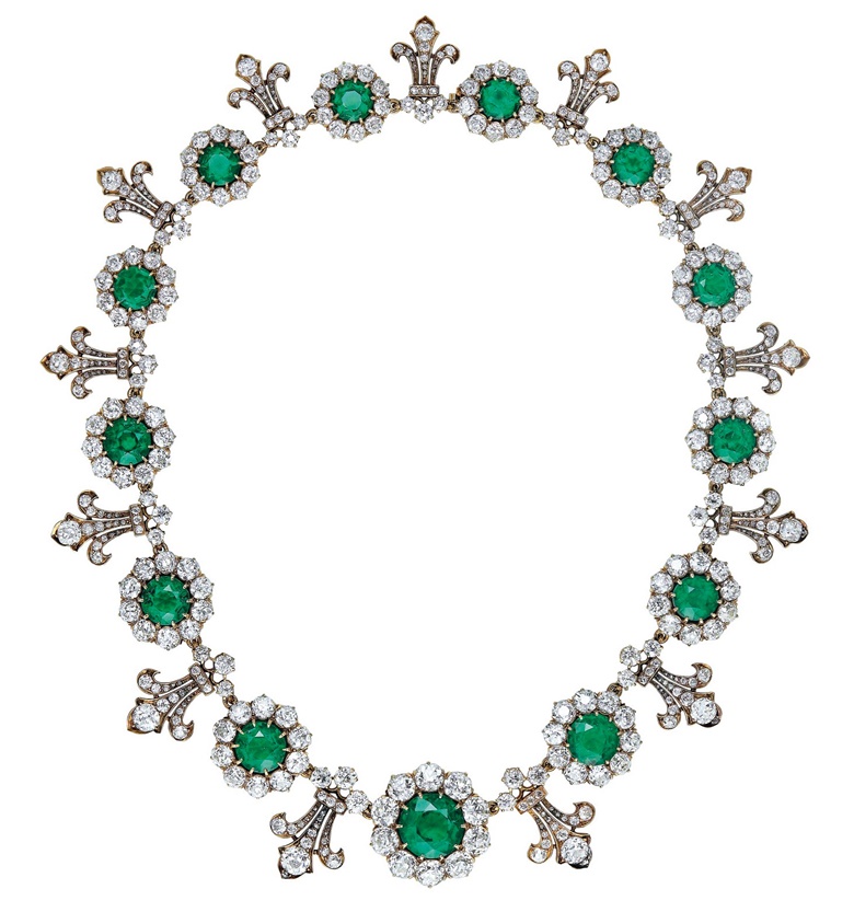 An important late 19th century emerald and diamond necklace by Tiffany & Co., 1880s. Thirteen graduated circular-cut emeralds (from approximately 7.19 to 1.70 carats each), old-cut diamonds, gold, 39.0 cm, blue Garrard case. Sold for CHF 1,572,500 on 16 May 2018 at Christie’s in Geneva