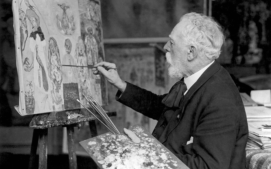 James Ensor photographed while painting in his studio in Ostend, 1933. Photo Spaarnestad Photo  Bridgeman Images