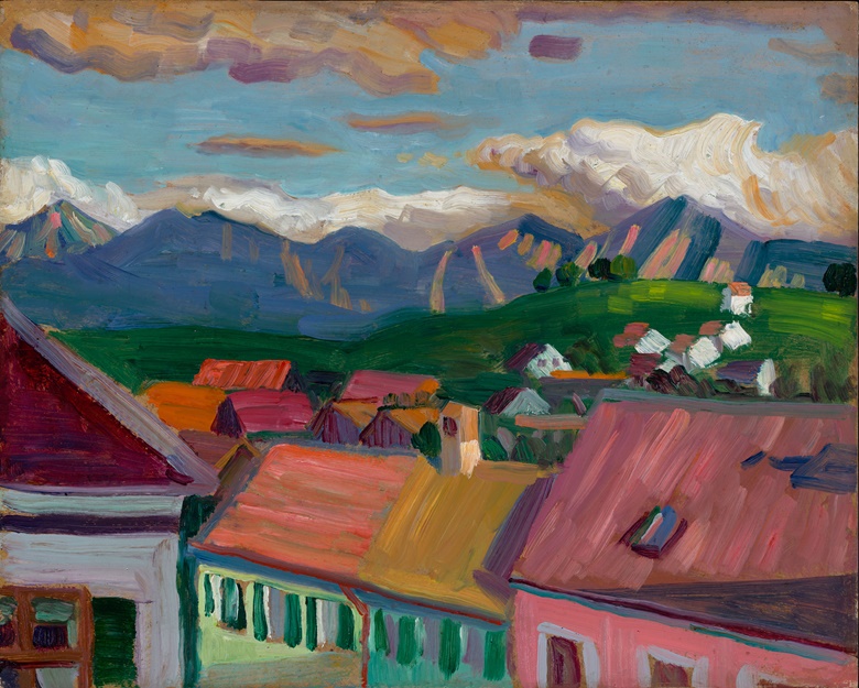 Gabriele Münter, Vom Griesbräu-Fenster, 1908, From the Griesbräu Window. Oil on cardboard, 33 x 40.1 cm, Gabriele Münter- und Johannes Eichner-Stiftung, Munich © Gabriele Münter and Johannes Eichner-Stiftung, MunichVISDA 2018. Photo Städtische Galerie im Lenbachhaus und Kunstbau München