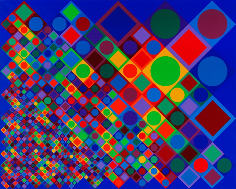 Victor Vasarely, Marsan-2, 1964-1974, acrylic on linen, 202 x 253 cm. Image Victor Vasarely, VEGAP, Madrid, 2017