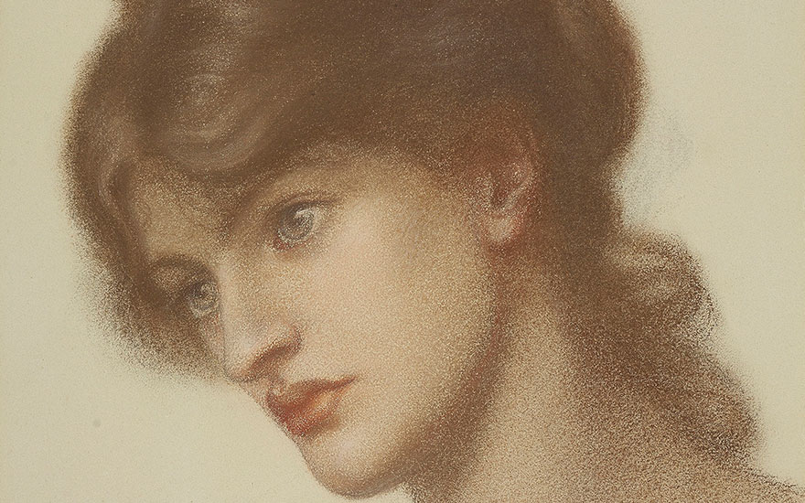 Detail of Dante Gabriel Rossetti’s (1828-1882), Head study of Marie Spartali Stillman (1844-1927) for Dantes Dream. 14¼ x 11⅝  in (36.2 by 29.5  cm) (folded); 21½ x 24  in (54