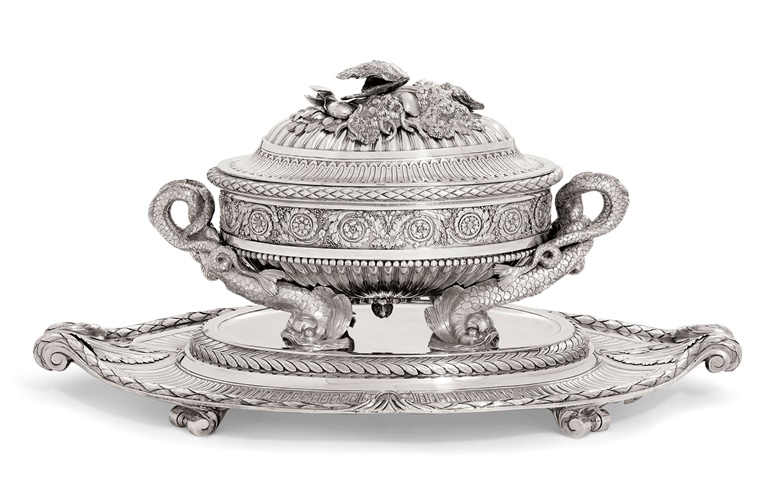 An Austrian silver soup-tureen, cover, stand and liner from the second Sachsen-Teschen service, Mark of Ignaz Joseph Wurth, Vienna, the liner and stand 1780 the tureen and cover 1781. The tureen and stand 12½  in (31.8  cm) high overall. Sold for £446,500 on 1-2 December 2015 at Christie’s in London