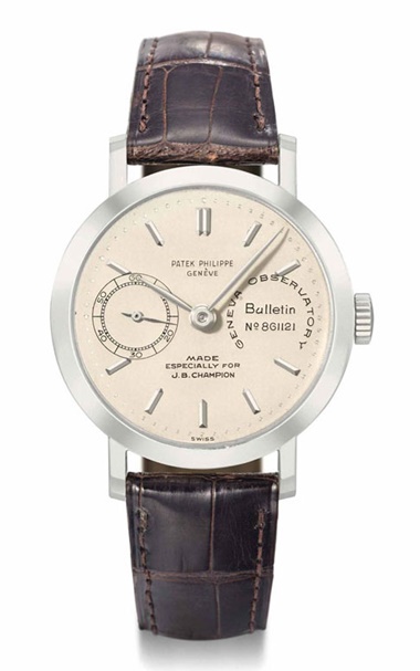Patek Philippe. A unique platinum chronometer wristwatch with guillaume balance, bulletin d’observatoire, additional diamond-set dial and platinum bracelet. Sold for CHF3,779,000 ($3,992,858) on 12 November 2012 at Christie’s in Geneva
