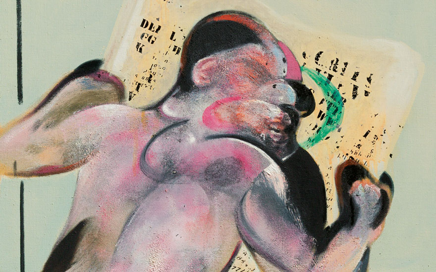 Detail of Francis Bacons (1909-1992) Figure in Movement, 1972. Oil and dry transfer lettering on canvas. 78 × 58⅝ in (198 × 148 cm). Estimate £15,000,000-20,000,000. Offered in