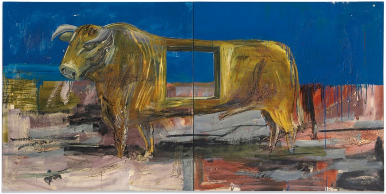 Albert Oehlen (b. 1954), Stier mit loch (Bull with hole), executed in 1986. Oil and resin on canvas in two parts. Overall 73⅞ x 148 ¼ in (187.6 x 376.6 cm). Estimate £800,000-1,200,000. This lot is offered in Post War and Contemporary Art Evening Auction on 4 October 2018 at Christie’s in London