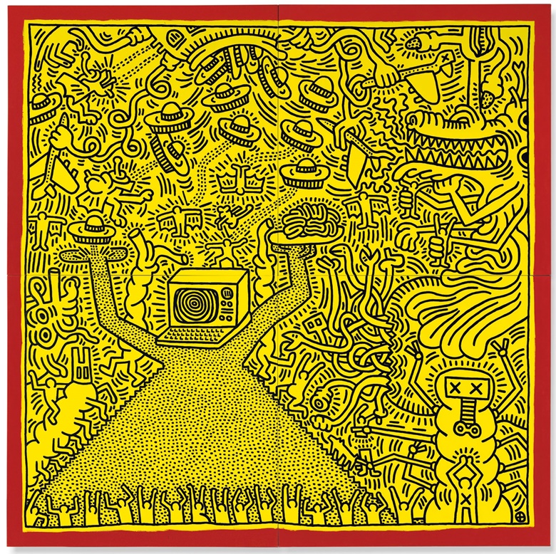Keith Haring (1958-1990), Untitled, executed in April 1984. Acrylic on canvas in four parts. Overall 120 x 120 in (304.8 x 304.8 cm). Estimate £3,000,000-5,000,000. This lot is offered in Post War and Contemporary Art Evening Auction on 4 October 2018 at Christie’s in London