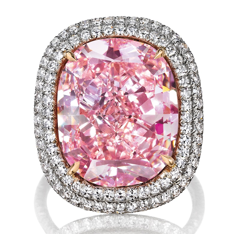 The largest cushion-shaped Fancy Vivid Pink diamond at auction. Sold for CHF 28,725,000 on 10 November 2015 at Christie’s in Geneva