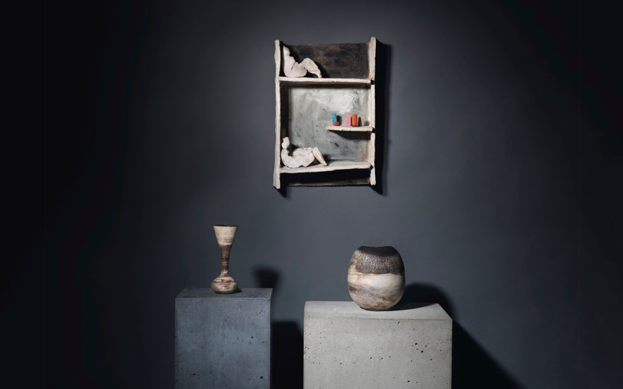 From left Hans Coper (1920-1981), Hourglass Vessel, circa 1970. Estimate £12,000-18,000. Fausto Melotti (1901-1986), I gessetti, 1959. Estimate £250,000-350,000. Hans Coper (1920-1981), Ovoid pot,