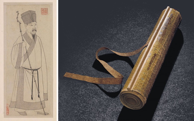 A portrait of Su Shi, left, and the handscroll offered at Christie’s in November, which contains one of a tiny number of his extant paintings