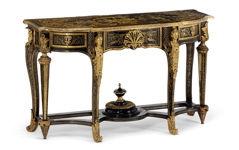 A Louis XIV ormolu-mounted Boulle marquetry console, by André-Charles Boulle, circa 1710. Height 78.5  cm (31  in); width 133  cm (52¼  in); depth 54  cm (21¼  in). Sold for €506,500 on 7 March 2017 at Christie’s in Paris