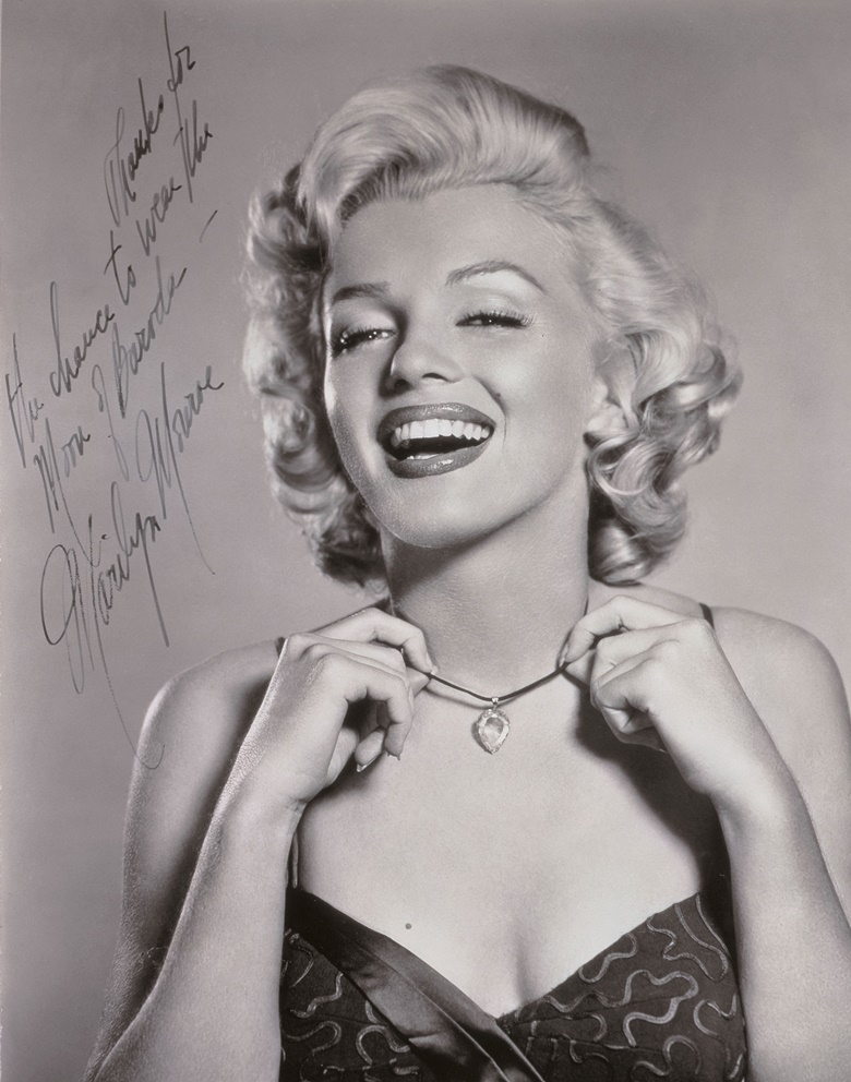 A 1953 autographed photo of Marilyn Monroe wearing the 24-carat stone will be offered alongside the Moon of Baroda on 27 November in Hong Kong