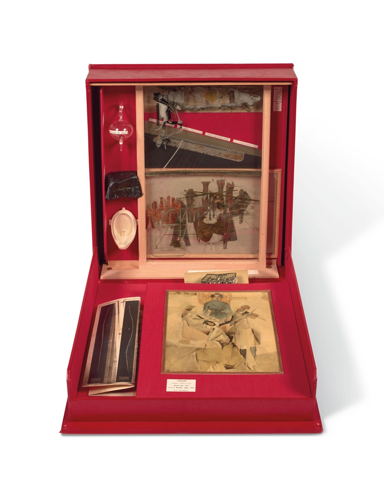 Marcel Duchamp (1887-1969), Boîte-en-valise, Series F, signed ‘Marcel Duchamp’ (on the interior of the box), wooden box and cardboard with red leather cover and red linen finish, including 80 miniature replicas and reproductions of works by Marcel Duchamp. 41.2 x 38.5 x 9.9 cm (16¼ x 15⅛ x 3⅞ in). Designed between 1935 and 1940; this version made in Paris and Milan in 1966