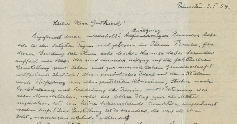 Einstein, Albert (1879-1955). Autograph letter signed (‘A. Einstein’) to Eric Gutkind, Princeton, 3 January 1954. In German. Two pages, 215 x 280 mm, bearing several autograph emendations; with original transmittal envelope. Sold for $2,892,500 on 4 December at Christies in New York