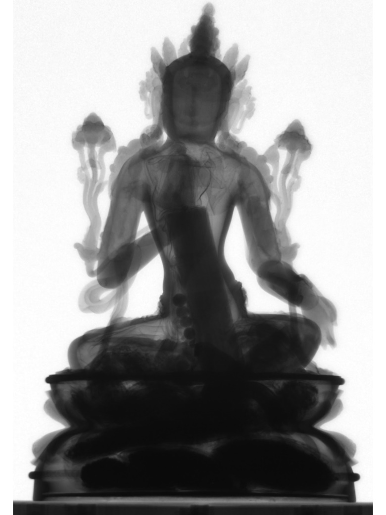 Radiographic scans of the seated figure of Avalokiteshvara reveal the auspicious objects that have been placed within it, and which are likely to have remained sealed since the 15th century