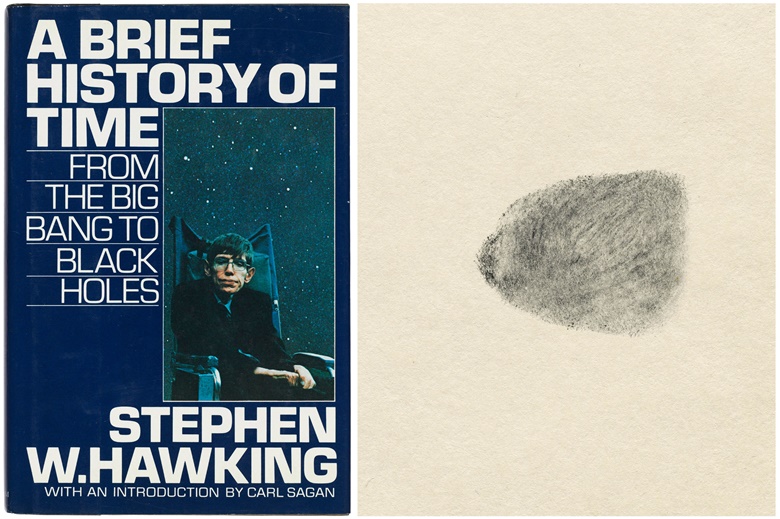 A Brief History of Time  signed with a thumbprint, Stephen Hawking. 1988. Octavo (230 x 153 mm). Estimate £2,000-3,000. This lot is offered in  On the Shoulders of Giants Newton, Darwin, Einstein, Hawking, 31 October to 8 November 2018, Online