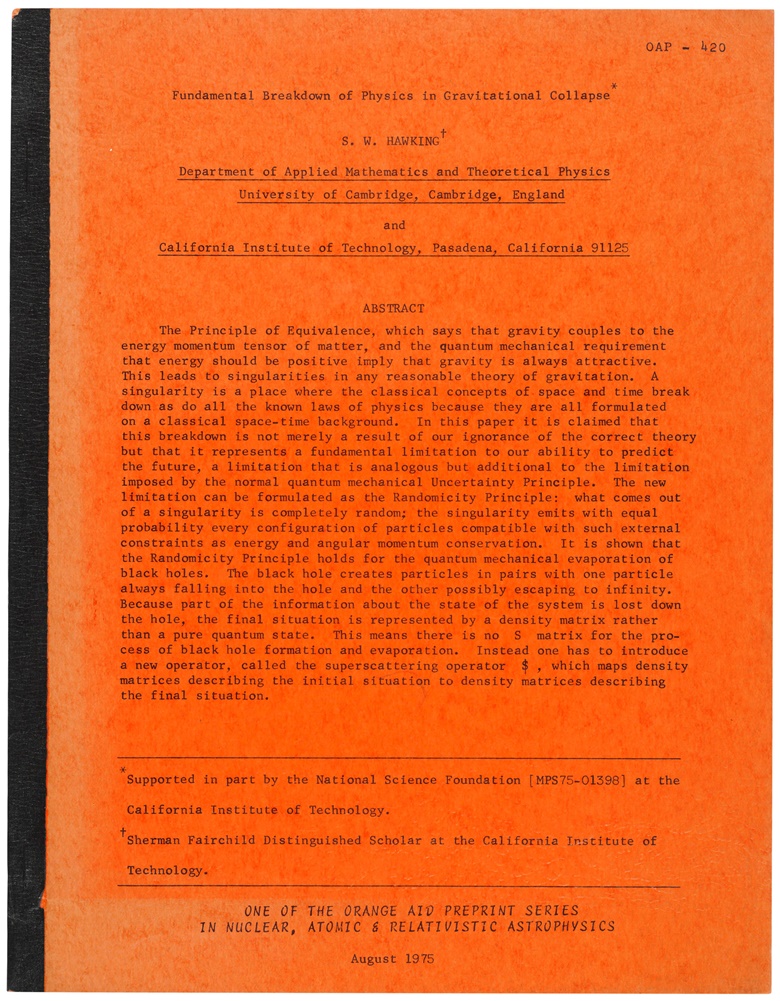 ‘Fundamental Breakdown of Physics in Gravitational Collapse’, Stephen Hawking. 1975. Quarto (274 x 213 mm). Estimate £2,000-3,000. This lot is offered in  On the Shoulders of Giants Newton, Darwin, Einstein, Hawking, 31 October to 8 November 2018, Online