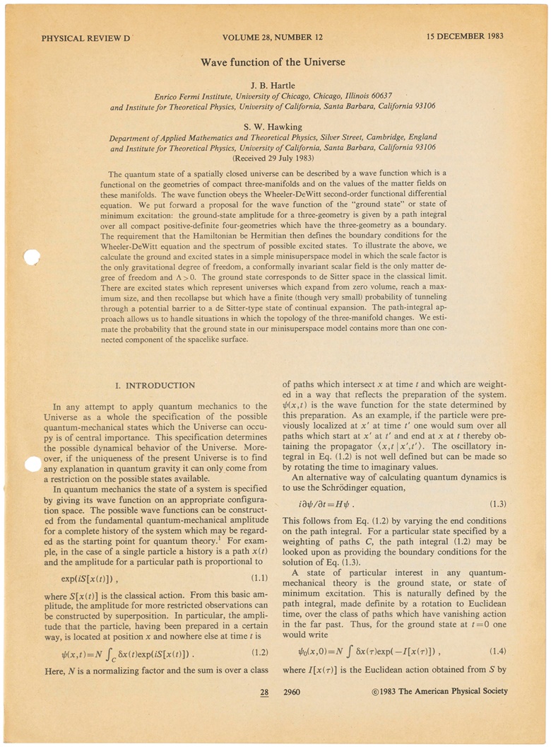 ‘Wave function of the Universe’, Stephen Hawking and J.B. Hartle. 1983. Quarto (285 x 210 mm). Estimate £3,000-5,000. This lot is offered in  On the Shoulders of Giants Newton, Darwin, Einstein, Hawking, 31 October to 8 November 2018, Online