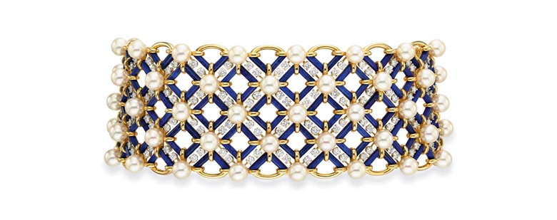 A diamond, cultured pearl, and lapis lazuli choker necklace, by Jean Schlumberger, Tiffany & Co. Sold for $110,500 on 20 October 2010 at Christie’s in New York