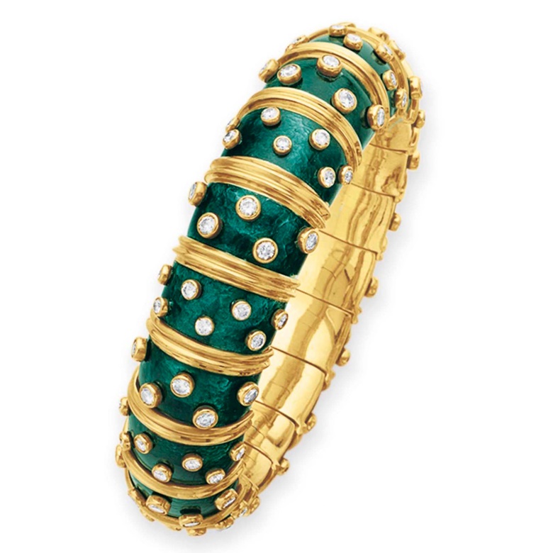 A diamond and green enamel bangle, by Jean Schlumberger, Tiffany & Co. Sold for $32,500 on 10 December 2012 at Christie’s in New York