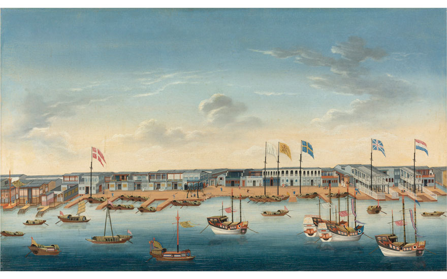 Chinese School, The Hongs at Canton, circa 1780. 17 ¼ x 29 ½ in (43.8 x 74.8 cm). Sold for £68,750 on 14 December 2018 at Christie’s in London