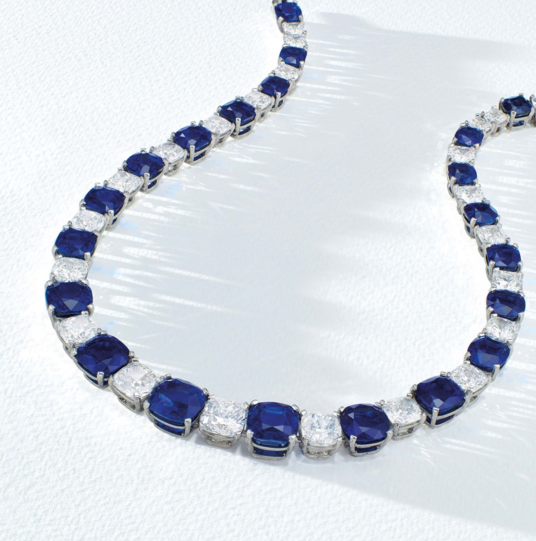 ‘The Peacock Necklace’. Superb Kashmir sapphire and diamond necklace. Estimate HK$95,000,000-120,000,000. Offered in Magnificent Jewels on 27 November at Christie’s in Hong Kong