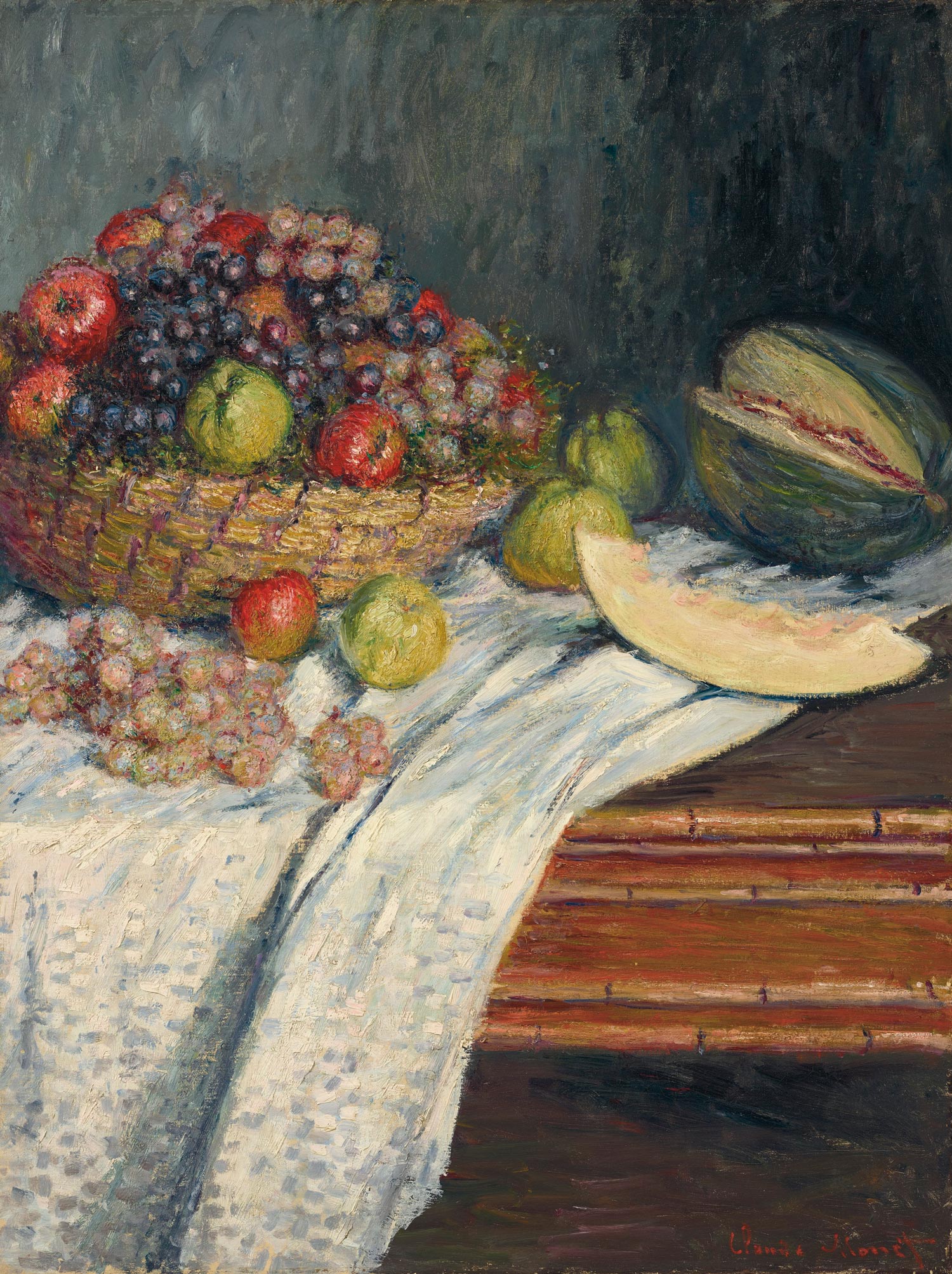 Claude Monet (1840-1926), Nature morte au melon d’Espagne, 1879. Oil on canvas. 35 ½ x 26 ¾ in. Estimate $2,000,000-4,000,000. Offered in the Impressionist and Modern Art Evening Sale on 13 May at Christie’s New York. Property from the Collection of Frederick A. and Sharon L. Klingenstein